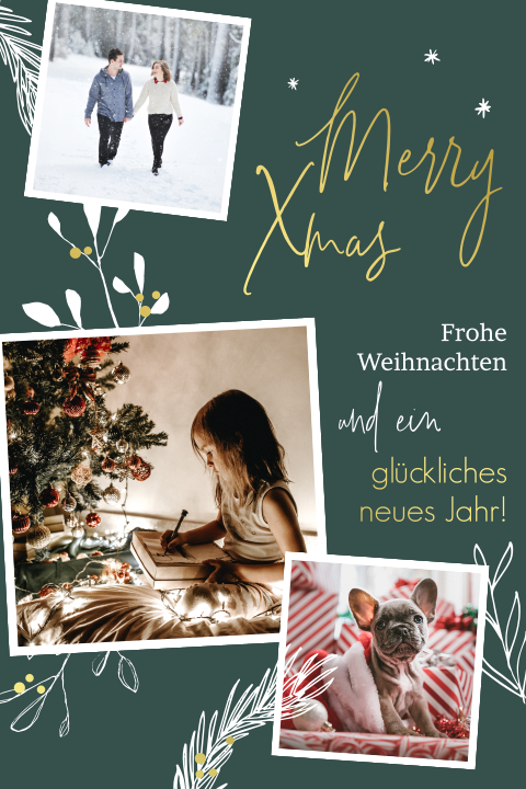 Goldfolie Weihnachtskarte mit eleganten Schriftzügen und Fotos
