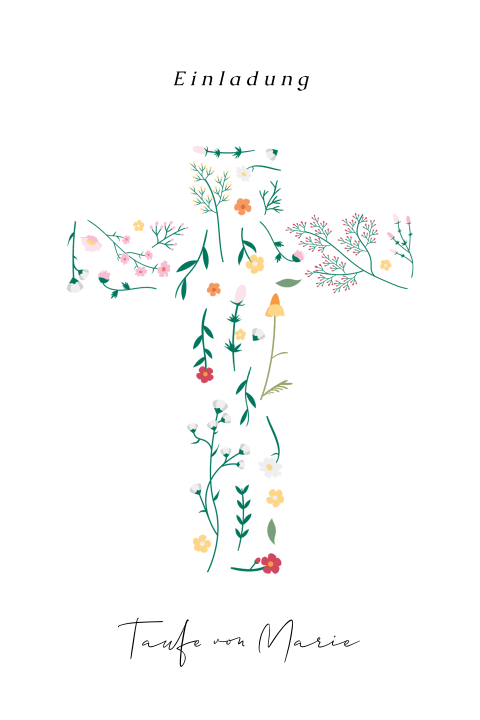 Taufkarte mit Blumen in Form eines Kreuzes