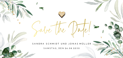 Save the Date Karte mit Blättern und Herzen | optionales Holzherz
