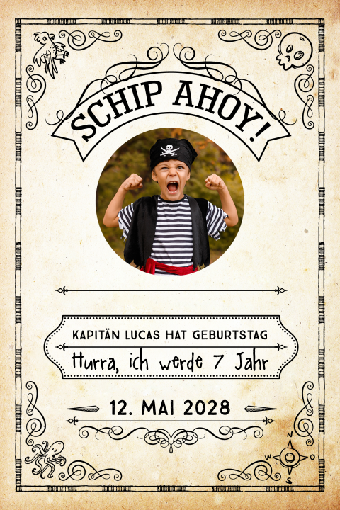 Einladung zum Kindergeburtstag im Vintage-Look mit Foto und Totenkopf