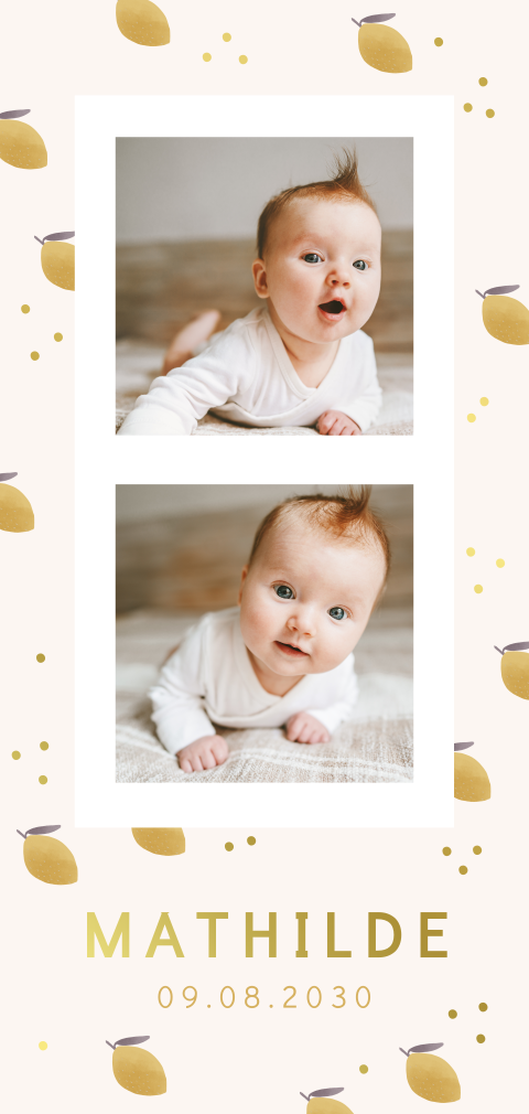 Niedliche Geburtskarte mit Fotostreifen, Zitronen und Goldfolie