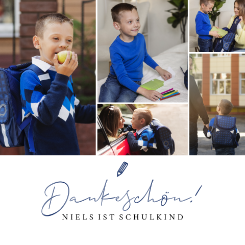 Dankeskarte Einschulung mit 5 Fotos und Hochglanz