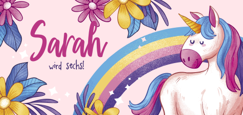 Geburtstagseinladung in Panoramaformat mit Einhorn und Blumen