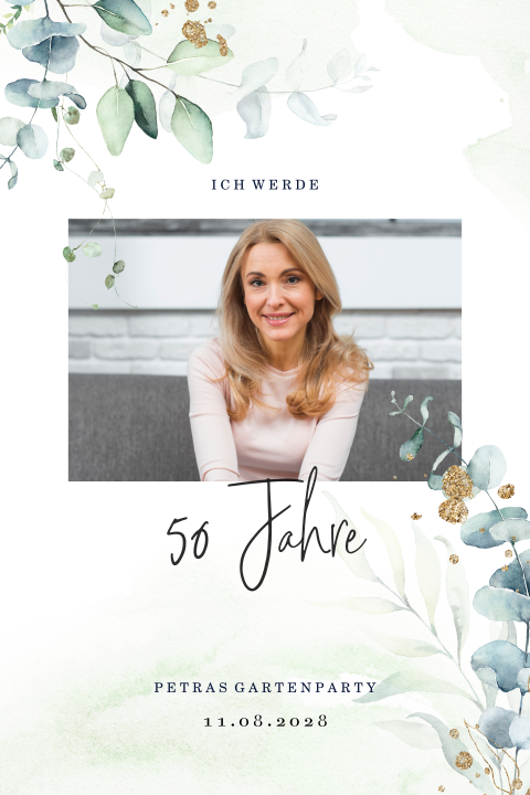 Geburtstagseinladung zum 50sten mit Blättern und Foto Gartenparty