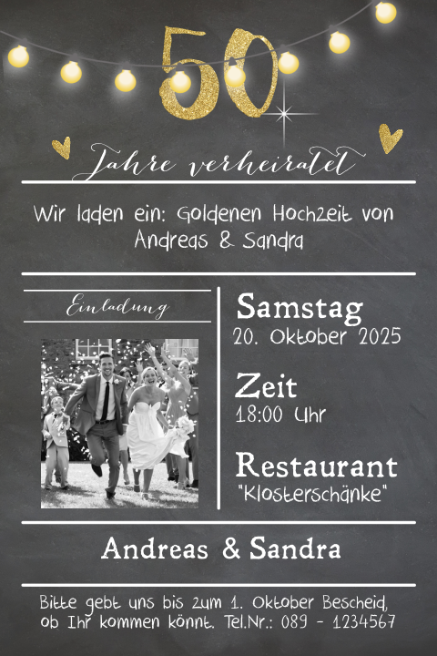 Stilvolle Einladung zur Goldenen Hochzeit mit Herzen und Foto