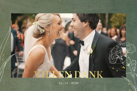 Dunkelgrüne Vintage Dankeskarte Hochzeit mit Foto und Blumen