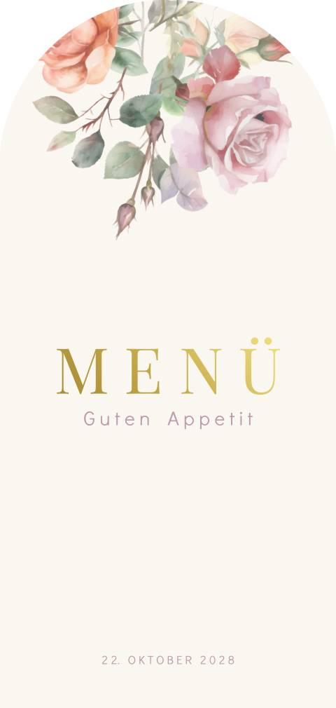 Florale Menükarte zur Hochzeit mit Pastellfarbenen Rosen