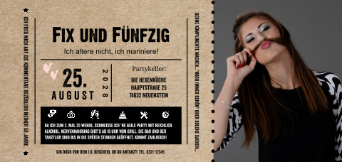 Fix und 50 Geburtstagseinladung als Ticket Kraftpapier-Look