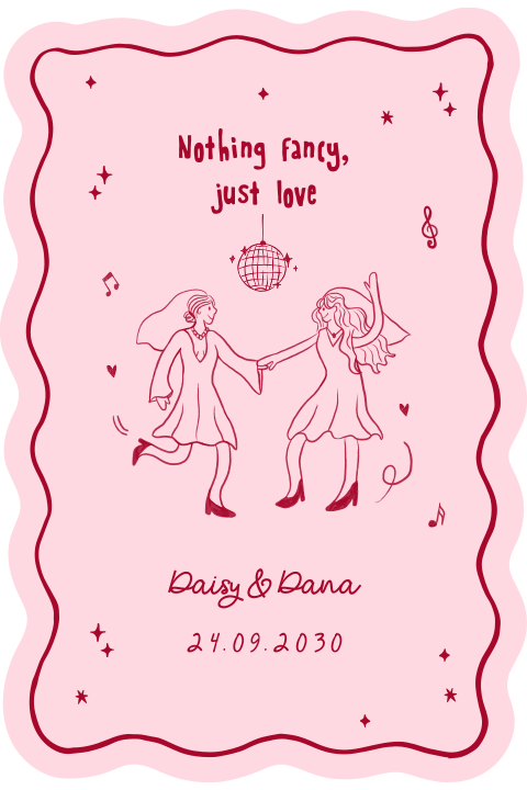Verspielte Hochzeitseinladung in Pink mit Illustrationen und gewelltem Rand