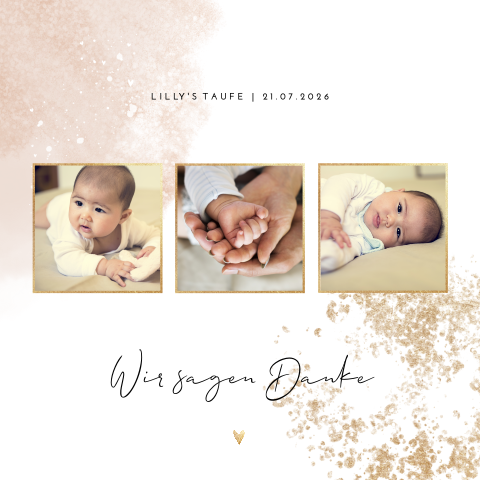 Danksagung zur Taufe mit Aquarell in rosa, Herzchen und Fotos