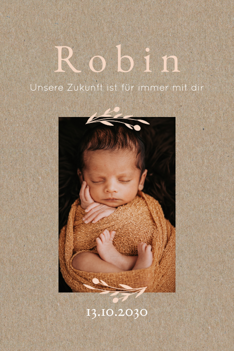 Kraftlook Geburtskarte mit Foto und schlichtem Zweig Hochformat