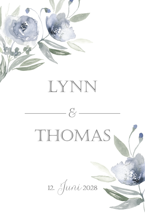 Romantische Hochzeitskarte mit Aquarellblumen in Blau