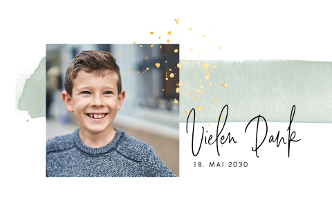 Dankeskarte zur Kommunion mit Foto, grünem Aquarell-Look und Goldsprenkeln