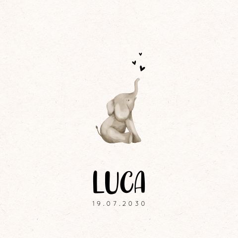 Fröhliche Karte zur Geburt mit sitzendem Elefanten und Namen