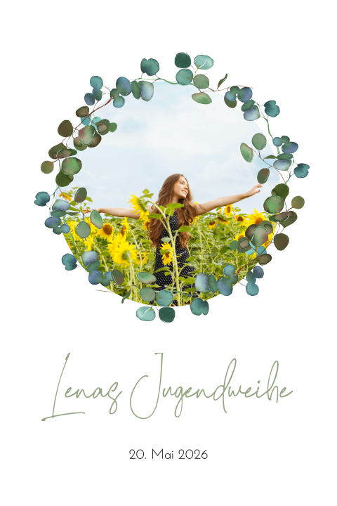 Einladung zur Jugendweihe mit Eukalpytus-Blättern