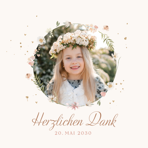 Dankeskarte zur Kommunion mit Foto und Blumenkranz