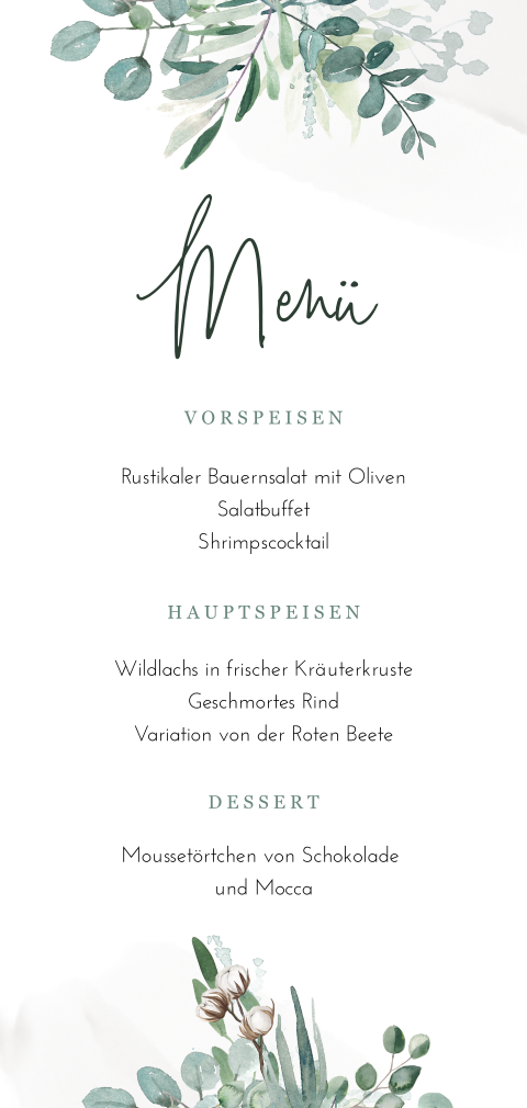 Menükarte mit Aquarell-Blumen und Zweigen in Graugrün