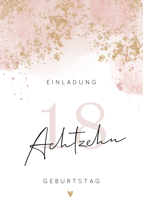 Moderne Geburtstagseinladung 18 Jahre in Rosa und Blattgold-Look