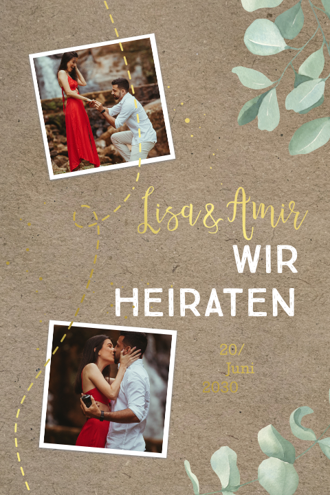 Einladung zur Hochzeit im Kraft-Look mit Goldfolie und Fotos