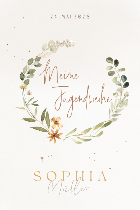 Stilvolle Einladung zur Jugendweihe mit Blumenkranz und Foto