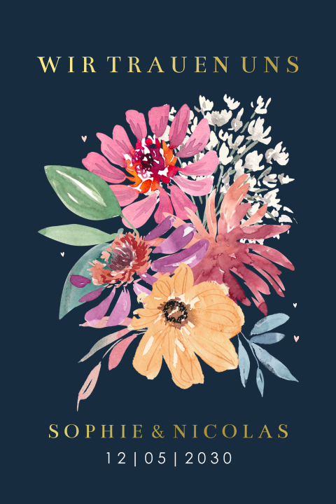 Hochzeitskarte mit bunten Blumen auf Dunkelblau