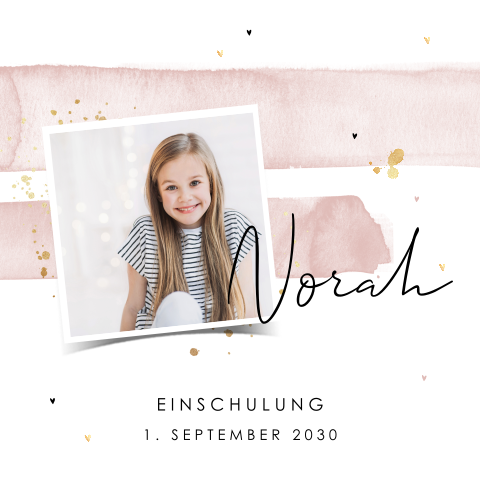 Einladung zur Einschulung mit Aquarell-Hintergrund in Rosa mit Foto