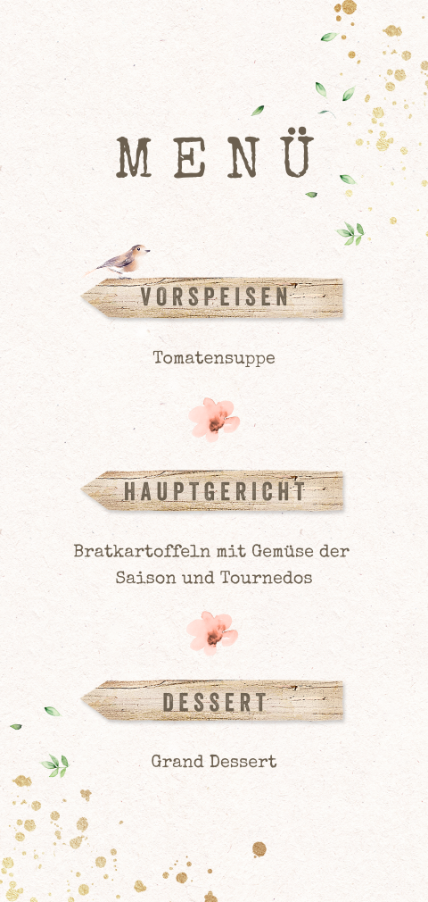 Schöne Menükarte mit Blumen, Vogel und Wegweiser