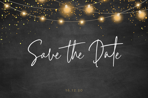 Save the Date zur Hochzeit mit Lichterketten auf schwarzem Hintergrund