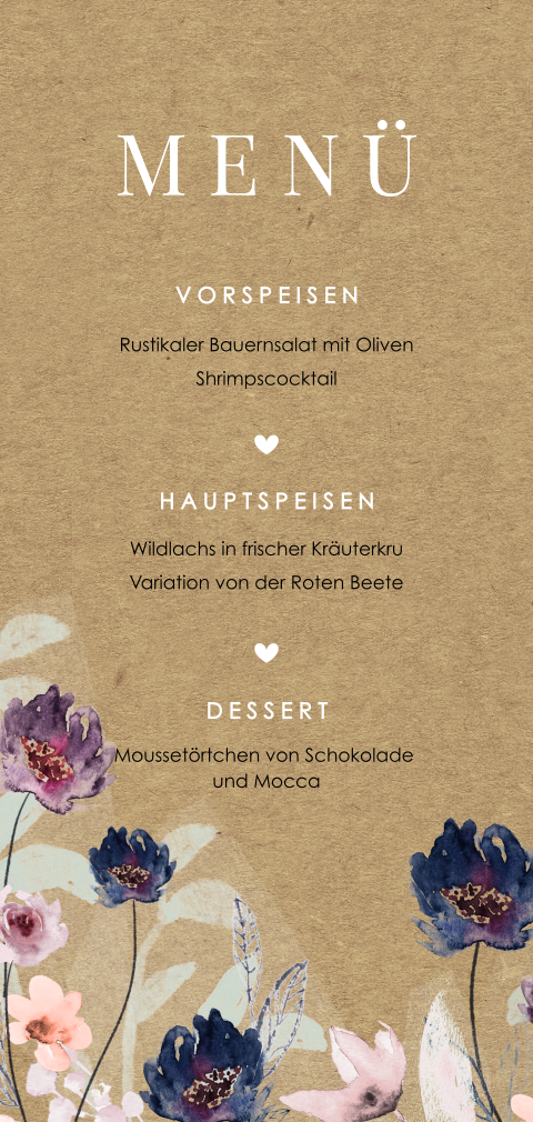 Stilvolle Kraft-Look-Menükarte mit Aquarell Blumen