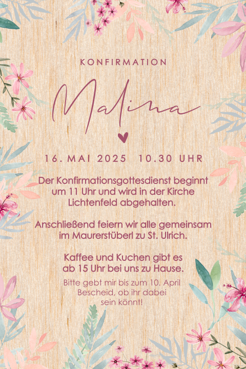 Einladungskarte zur Konfirmation aus hellem Holz mit Frühlingsblumen