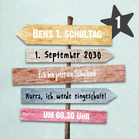 Einschulungskarte mit buntem Wegweiser