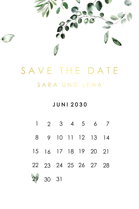 Save the Date Karte mit grünen Blättern und Kalenderblatt