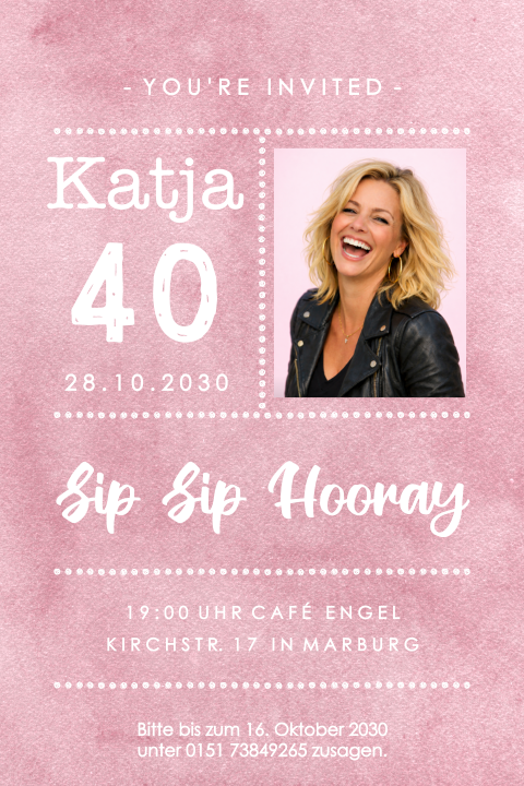 Einladung zum 40. Geburtstag im Samtlook in Rosa mit Foto