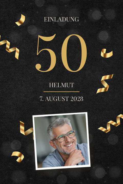 Schicke, dunkle Einladung zum 50. Geburtstag mit Goldfolie und Foto