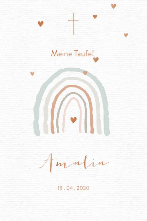 Einladungskarte Taufe mit einem Regenbogen in Pastell und Herzen