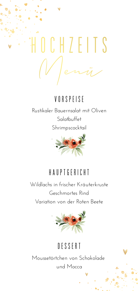 Romantische Menükarte mit Blumen, Herzen und Goldfolie