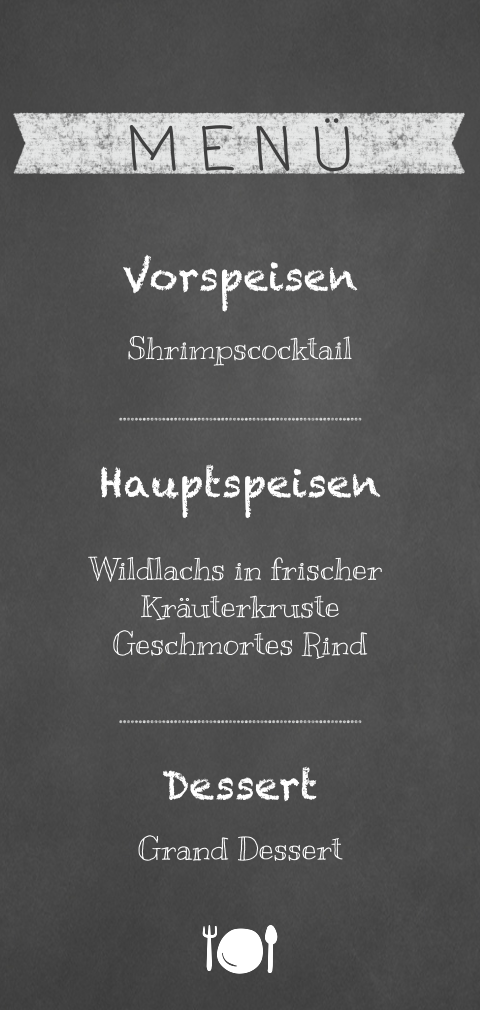 Menükarte im Schultafel-Look mit Teller, Messer und gabel