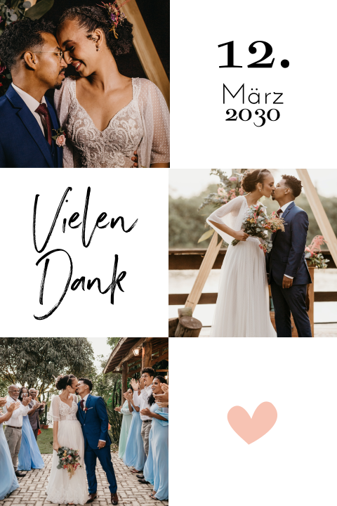 Schöne Dankeskarte Hochzeit mit drei Bildern und Herzen
