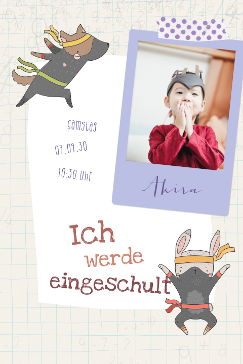 Einladung zur Einschulung - Zahlen Ninja mit Foto