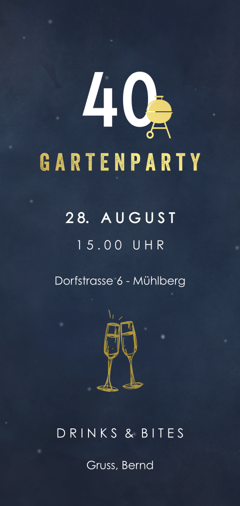 Stilvolle Geburtstagseinladung zum 40. in Dunkelblau und Gold