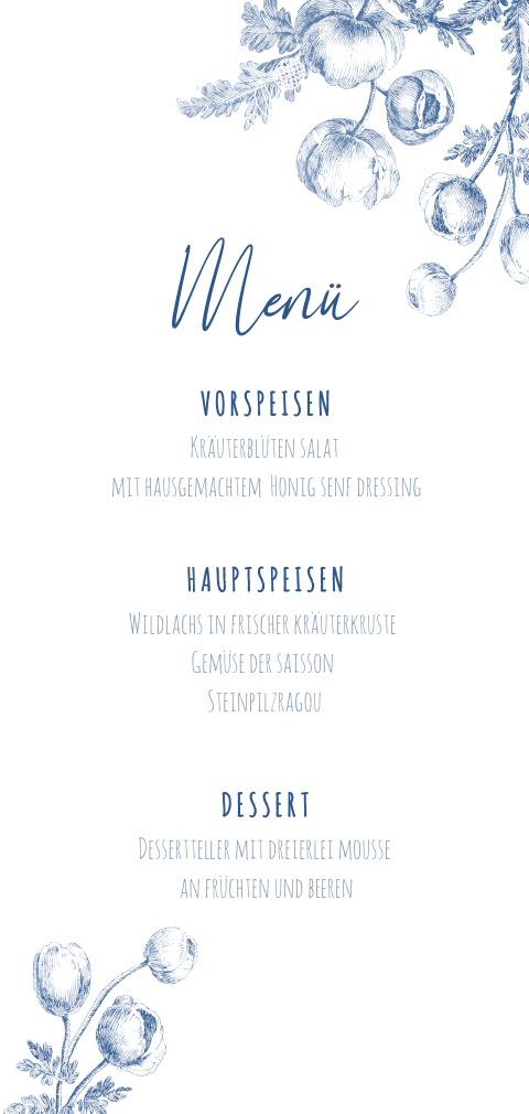 Menükarte mit blauen Blumen