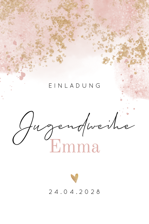Einladung Jugendweihe mit rosa Aquarellfarbe und Goldspritzer