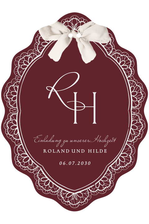 Vintage-Hochzeitseinladung in Bordeaux mit Spitzenrand und optionalem Seidenband