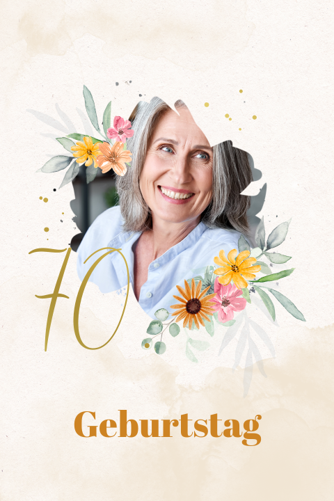 Tolle beigefarbene Einladung zum 70 Geburtstag mit Blumen und Fotos