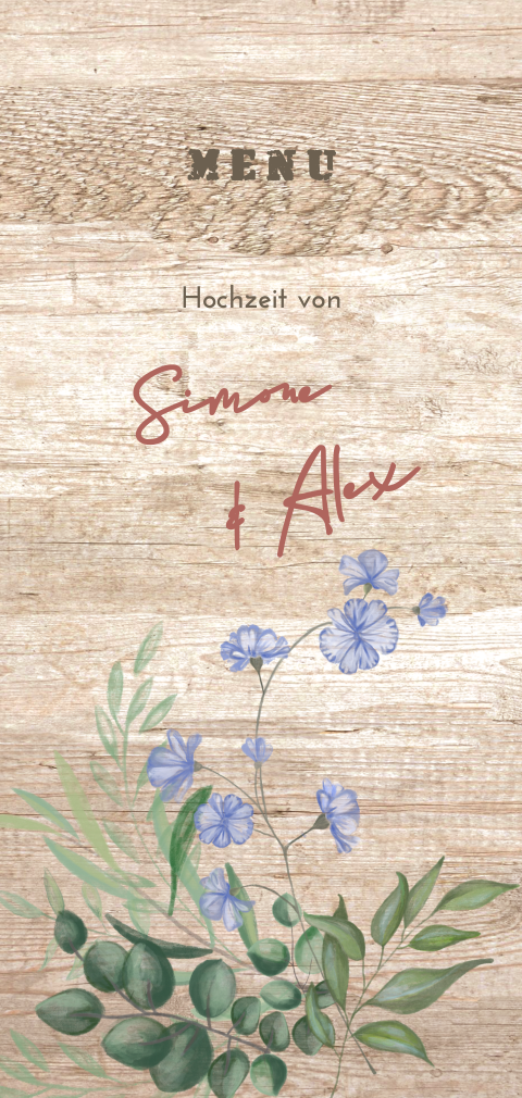 Stilvolle Speisekarte mit Holzlook und blauen Blumen