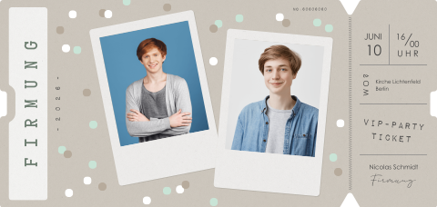 Einladung zur Firmung mit Konfetti Print im Ticket-Look