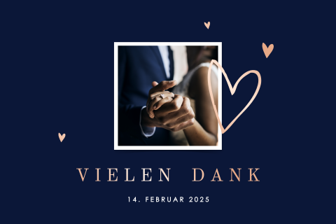 Schöne blau Dankeskarte mit Roségold Veredelung und Foto