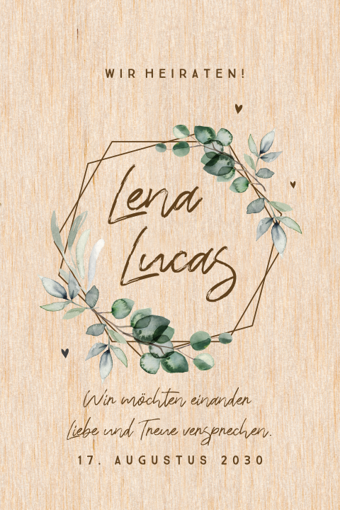 Hochzeitskarte aus Holz mit Geometrie und Zweigen