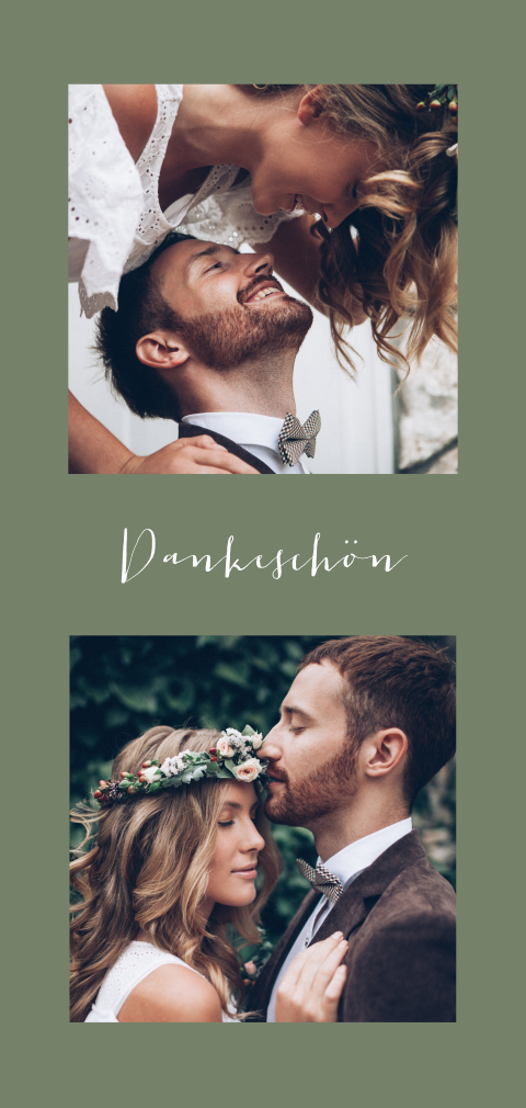 Moderne Dankeskarte Hochzeit mit Fotos und grüner Schleife