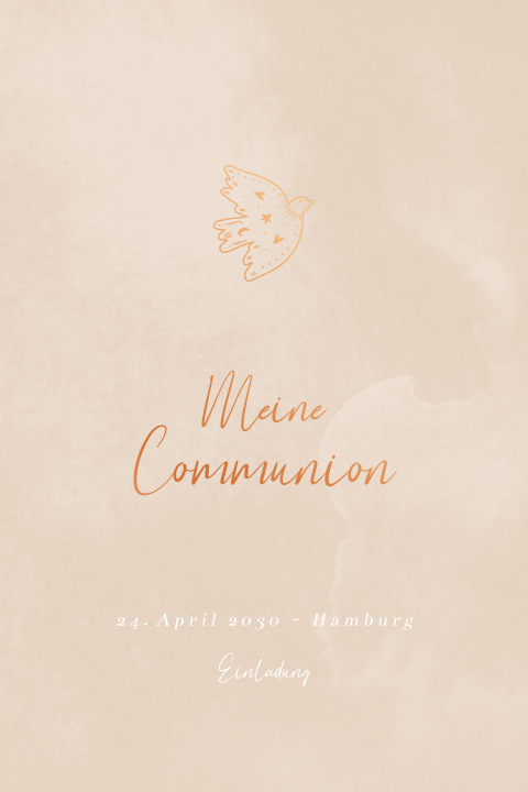 Stilvolle Einladung zur Kommunion mit Kupferfolie und Taube